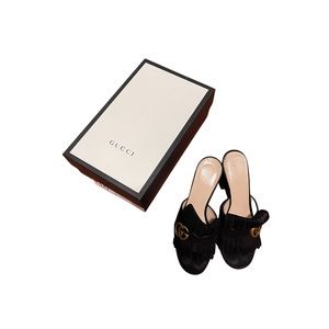 Black Gucci Suede GG Marmont Fringe Mid Heel